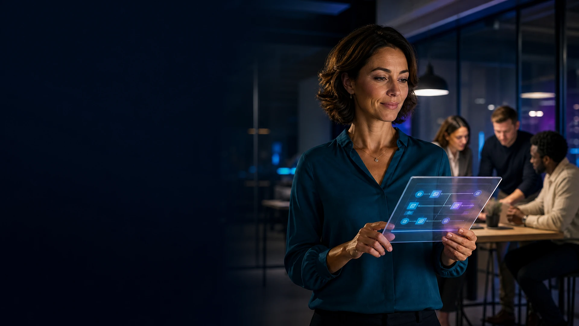 Business owner reviewing an AI implementation roadmap with a small team.
