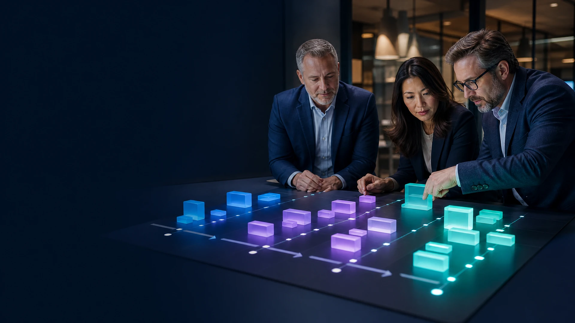 Business leaders planning a staged AI roadmap around a strategy table.