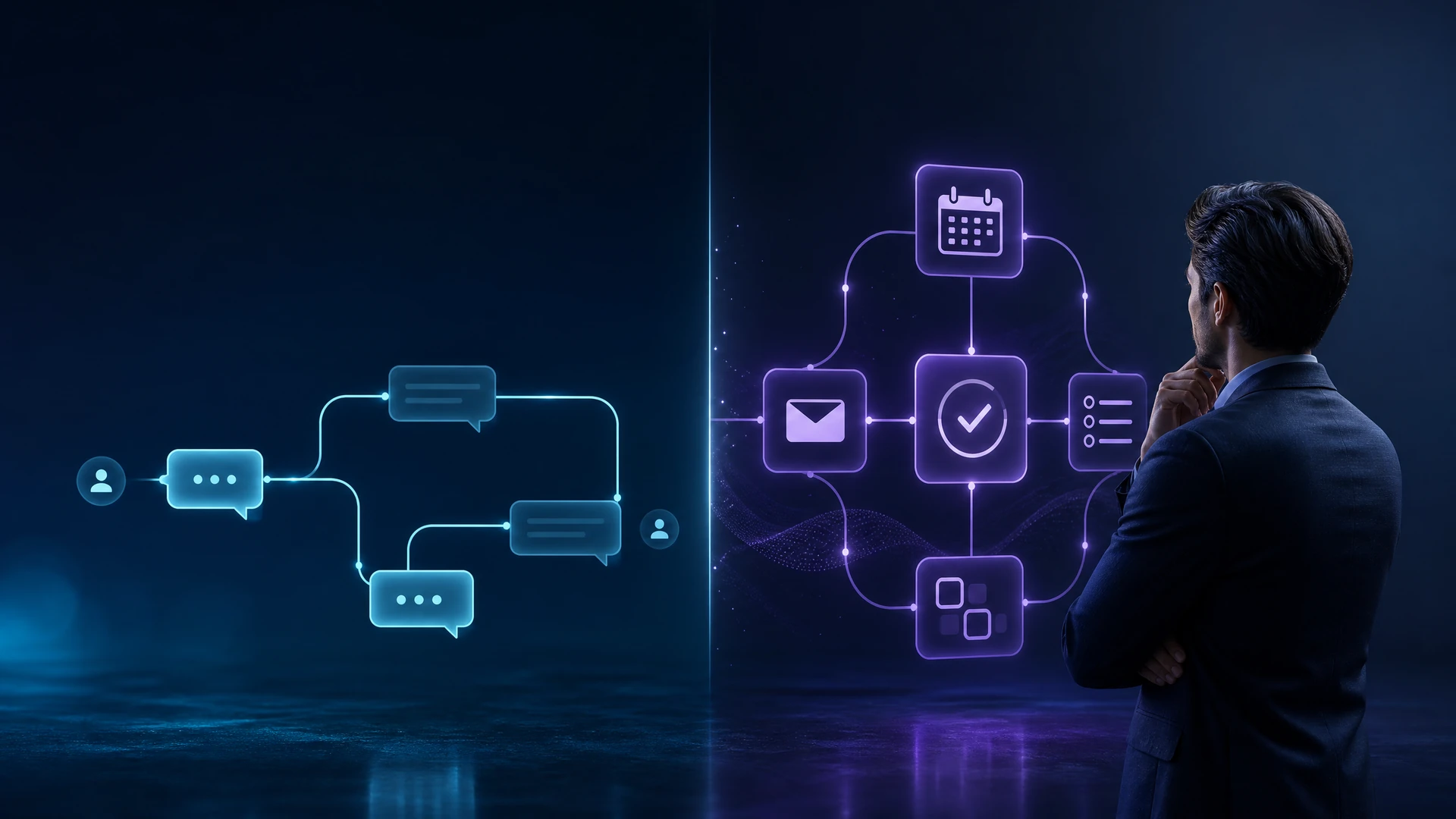 Business leader comparing a conversational system with an automated workflow.