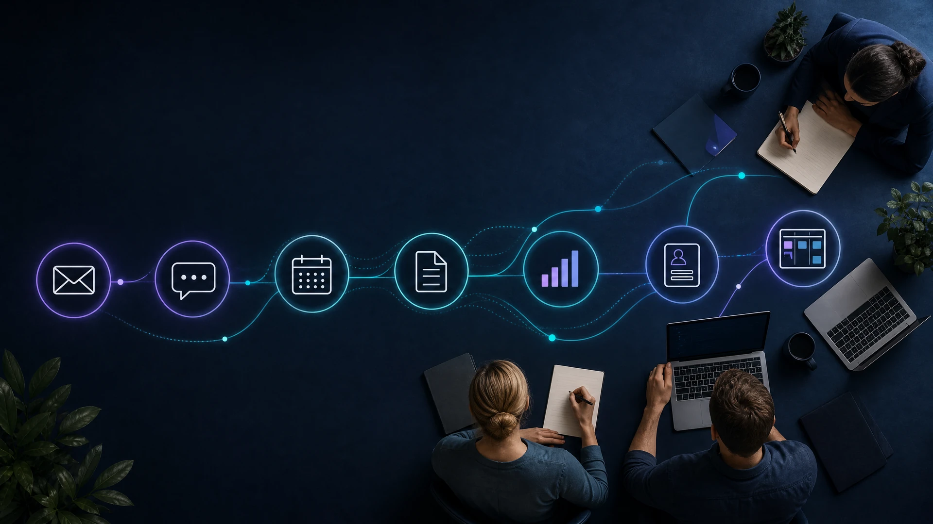 Team mapping connected business workflows for practical automation.