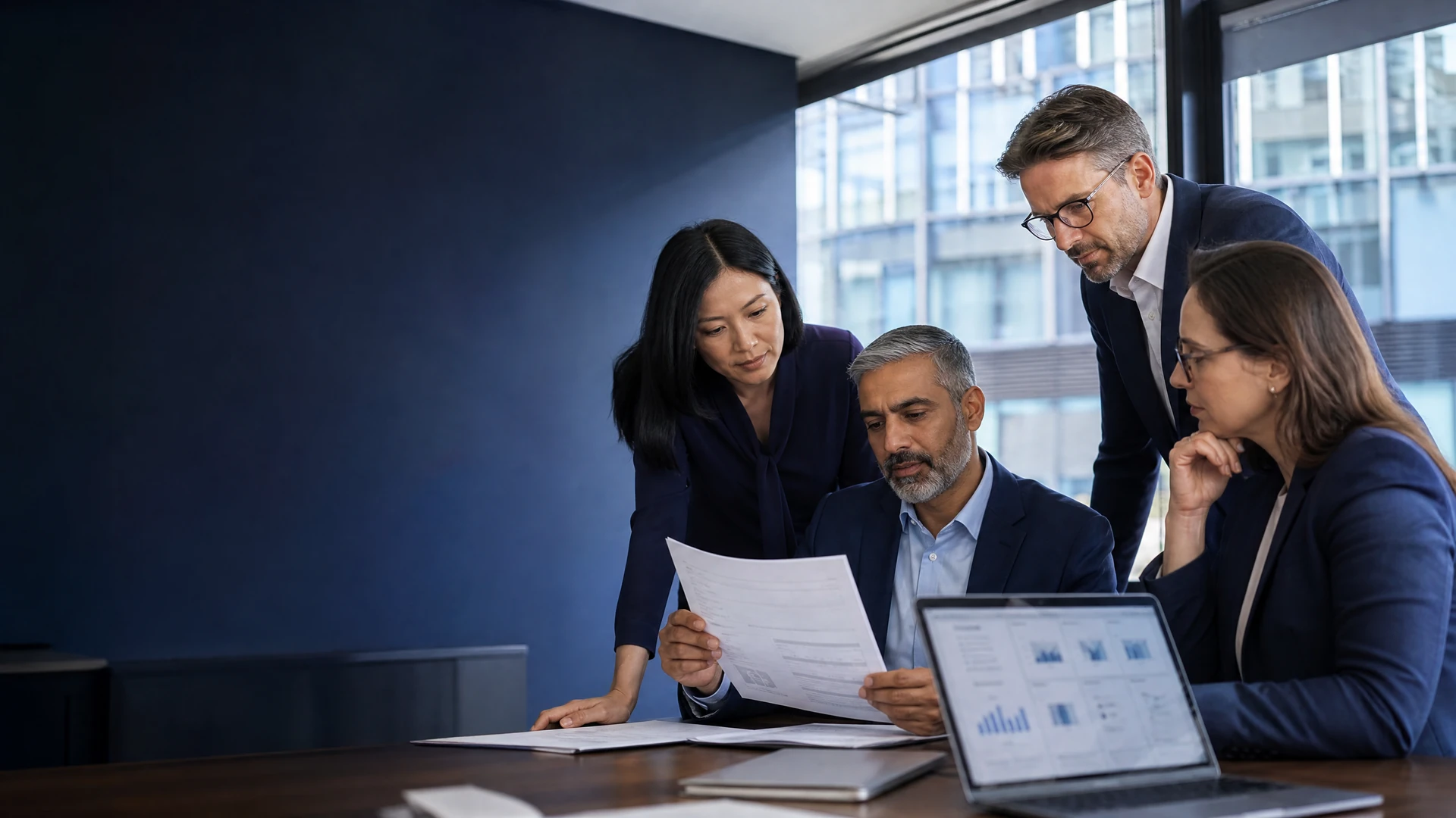 Leadership team reviewing an AI governance plan in a modern office.