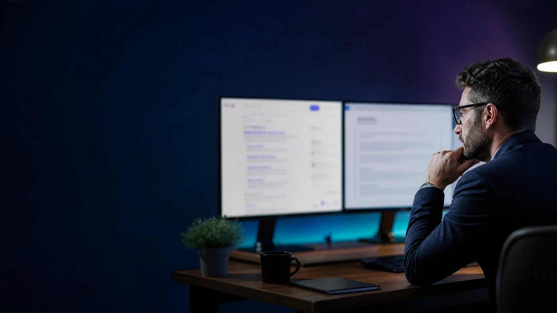 Digital strategist reviewing search and AI-answer layouts on two monitors.