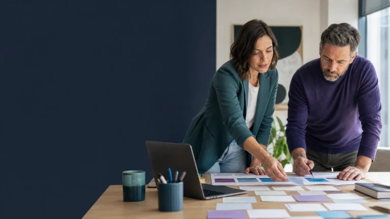 Content strategist and business owner organizing a content plan together.