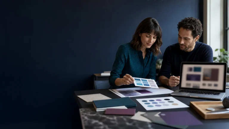 Creative professionals reviewing brand materials and a website concept.